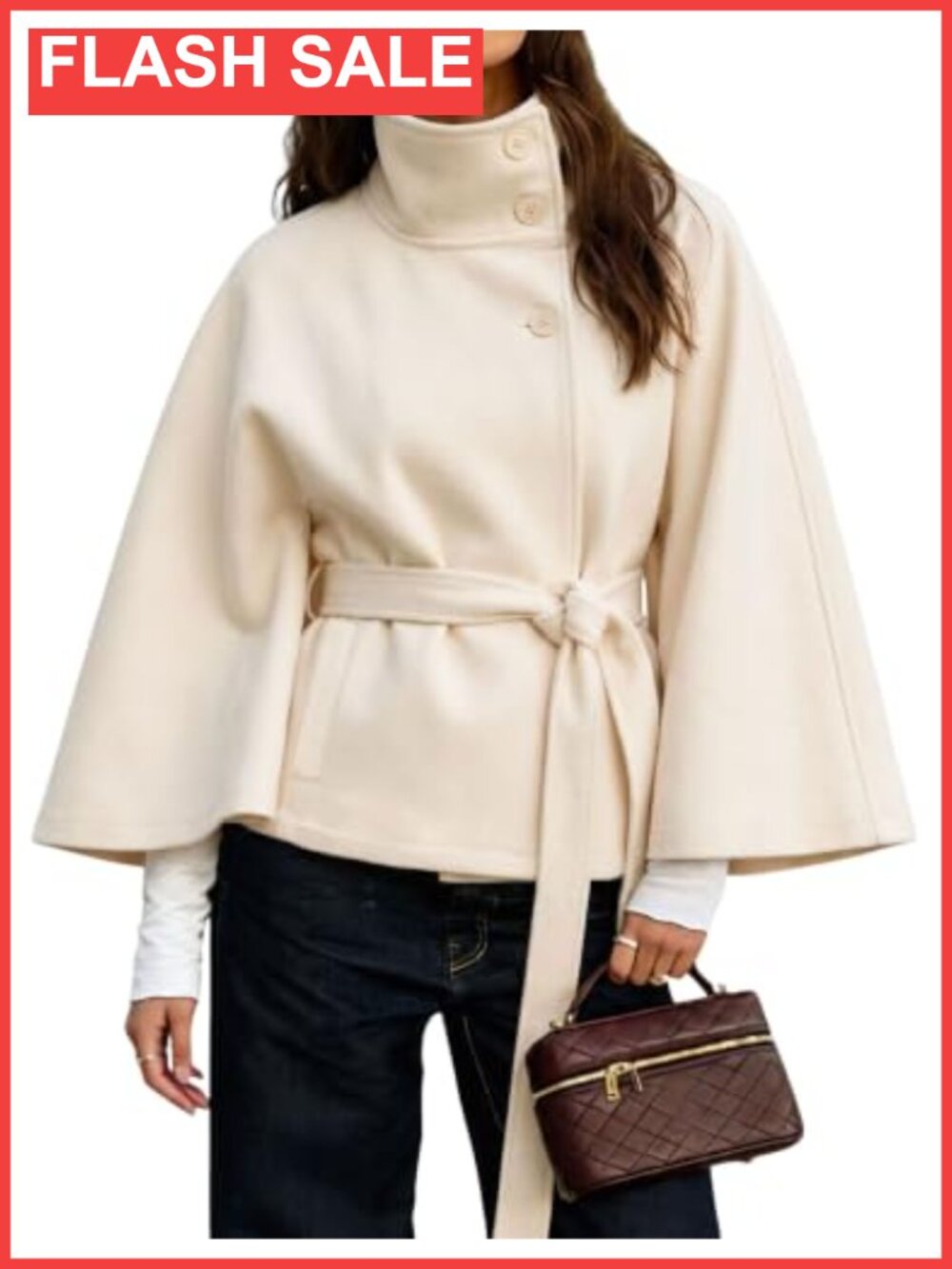 Women Wool Blend Batwing Sleeve Belted Cape Coat